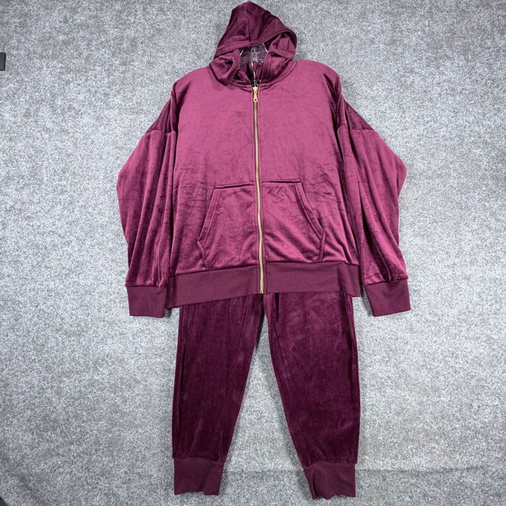 Felina Velour Tracksuit Womens 2 Piece Set Size L Burgundy Purple Zip Up Hoodie